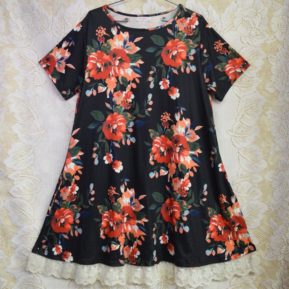 Halife Womens Size Large Floral Print Knee Length Lace Trim Shift Dress Stretchy